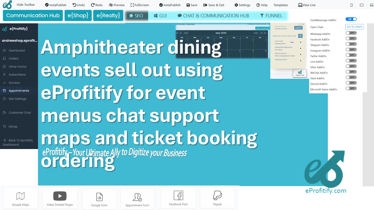 Amphitheater dining events sell out using eProfitify for event menus chat support maps and ticket booking ordering